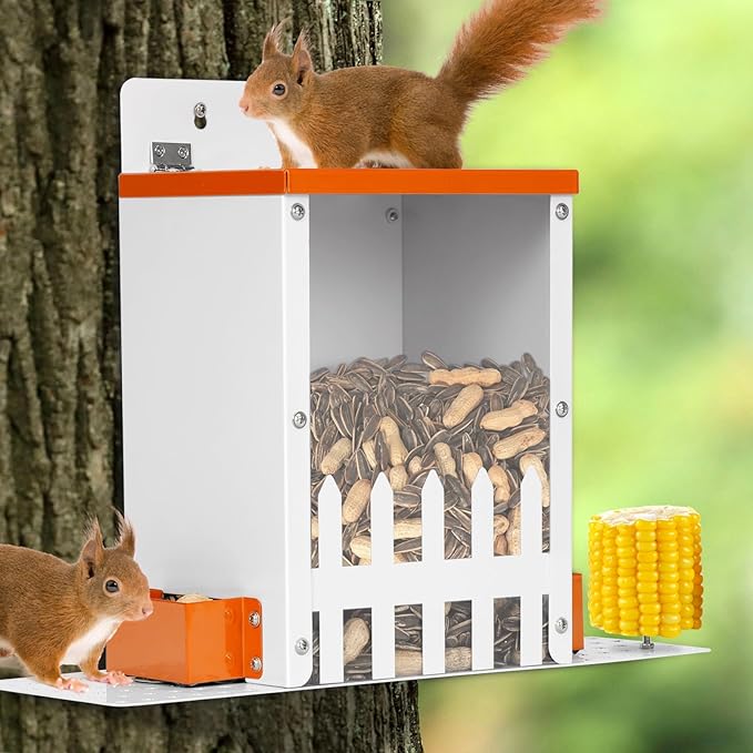 Metal Squirrel Feeders for Outside,Hanging Squirrel Box and Window Squirrel Feeder with Corn Cob Holder for Squirrel, Chipmunks (Orange)