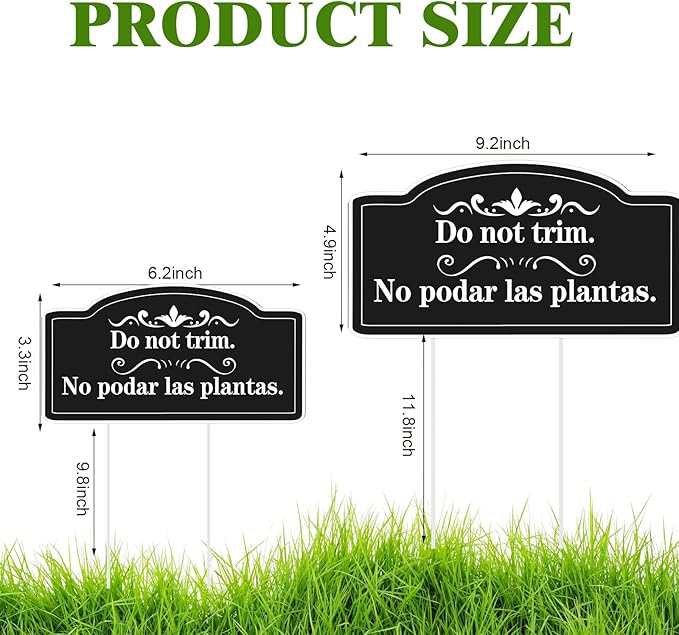 Soaoo 4 Pcs Corrugated Plastic Do Not Trim Yard Signs with Stakes 6.2 x 3.3 Inch 9.2 x 4.9 Inch Plant Signs Bilingual Garden Markers for Outdoor Lawn (Black,Elegant)