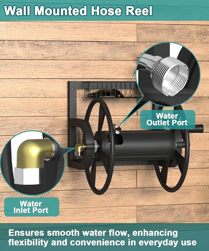 Garden Wall Mounted Hose Reel, Outdoor Heavy-Duty Water Hose Holder Winder, Holds 125 Feet of 5/8-Inch Hose, with 3.9 ft Leader Hose, Brass Fitting and Storage Basket for Yard, Black