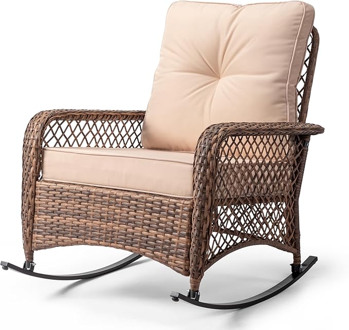 Outvita Outdoor Wicker Rocking Chair, Patio Rattan Rocker Chair w/Cushions & Steel Frame, All-Weather Rocking Lawn Wicker Furniture for Garden Backyard Porch Deck (Beige)