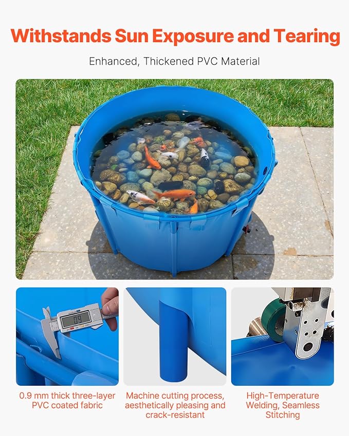 VEVOR KOI Aquarium Tank Above Ground Fish Pond, 450 Gallon Foldable Canvas Fish Pool Pond, Outdoor/Indoor Round No Dig Turtle Goldfish Pond with 304SS Frame and Drain Valve