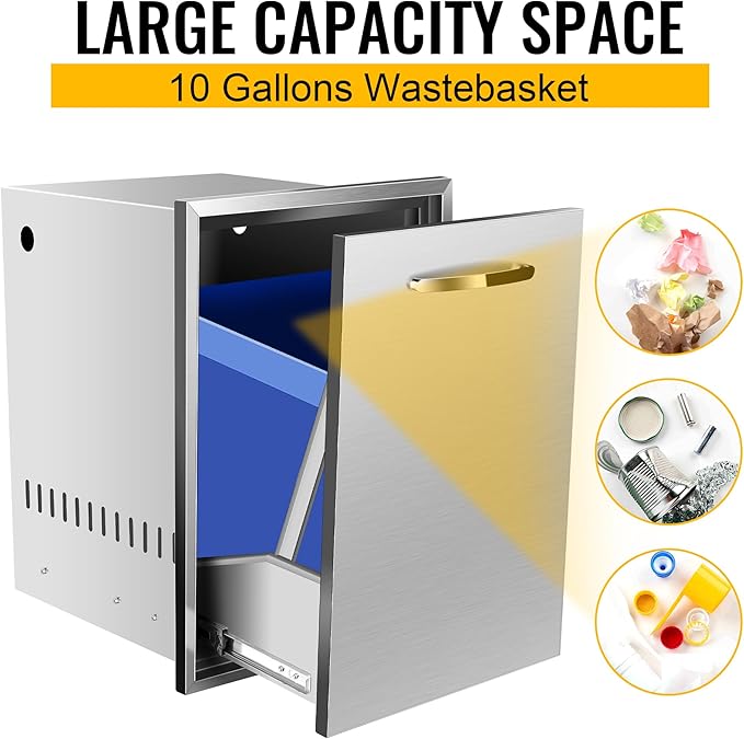 Built-in Double Trash Drawer 16" W x 22.3" H x 18" D, Pull-Out Tray Outdoor Kitchen Stainless Steel Trash Drawer Storage Two Trash Bins for BBQ Island Grill Station