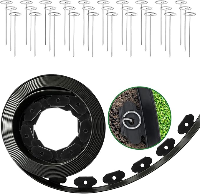 2 in Tall Landscape Edging, 40 ft Garden Border with 30 Metal Spikes, Flexible Plastic for Lawns - Black, No-Dig Design