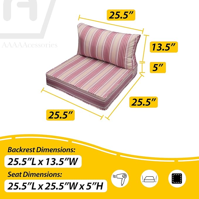 AAAAAcessories Outdoor Seat Cushions for Chairs, Fade-Resistant, Waterproof Patio Furniture Replacement Cushions, 25.5" x 25.5" x 5" + 25.5" x 13.5", Set of 4, Dusty Rose Garden Stripe