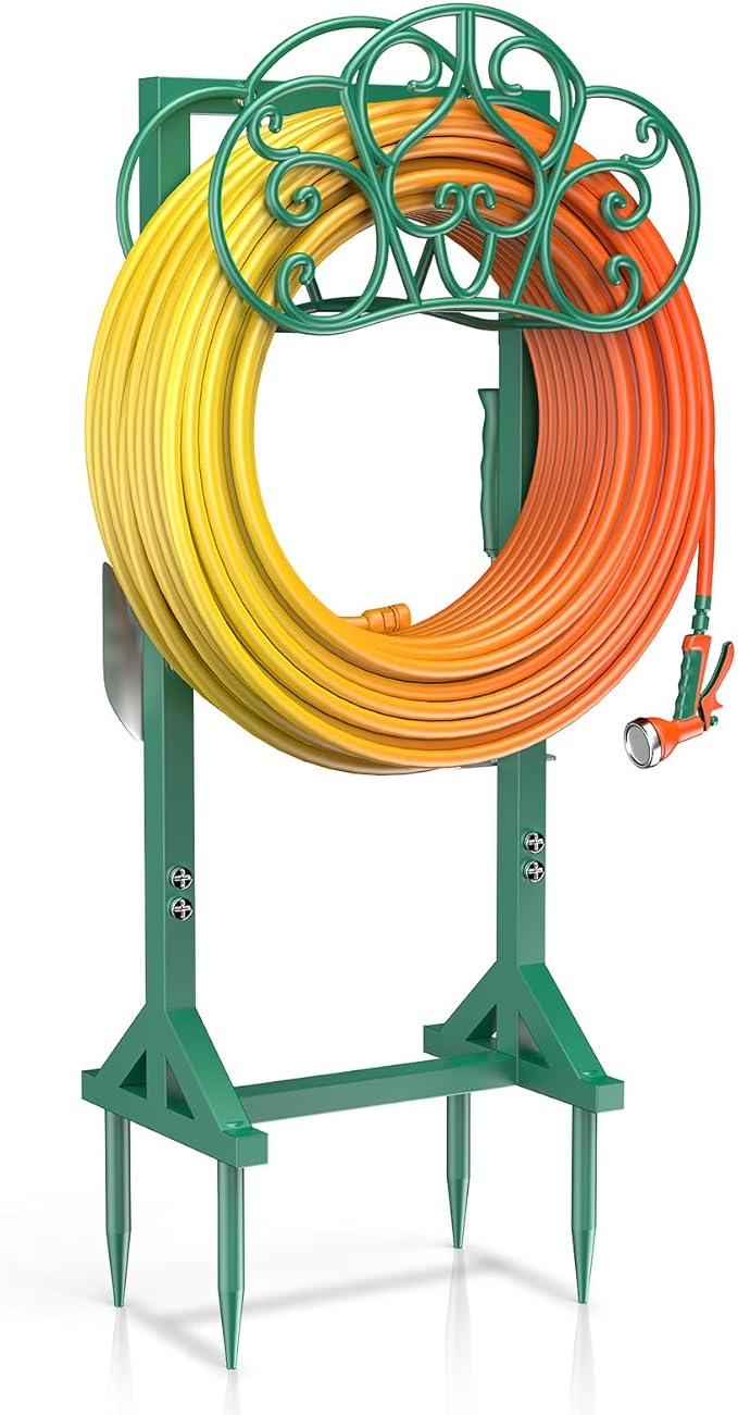 Garden Hose Holder with 2 Tool Hooks Heavy-Duty Freestanding Water Hose Holder Holds 160Ft Hoses, Rustproof Freestanding Hose Stand with 4 Spikes Hose Hanger Storage Reel Rack for Outside, Yard, Lawn