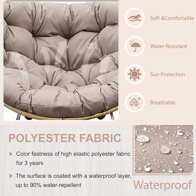 Outdoor Rocking Chair Cushion – Waterproof Wicker Egg Chair Replacement Pad, Thick Papasan Seat Cushion with Ties for Indoor & Outdoor Patio, Porch, Balcony, or Garden (Khaki)