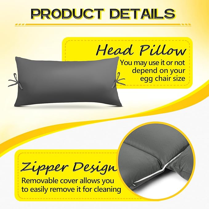 MAGIC ELEPHANT Egg Chair Cushion, Memory Foam Indoor Outdoor Hanging Egg Chair Cushion Replacement, Patio Basket Swing Cushion with Headrest (Grey)