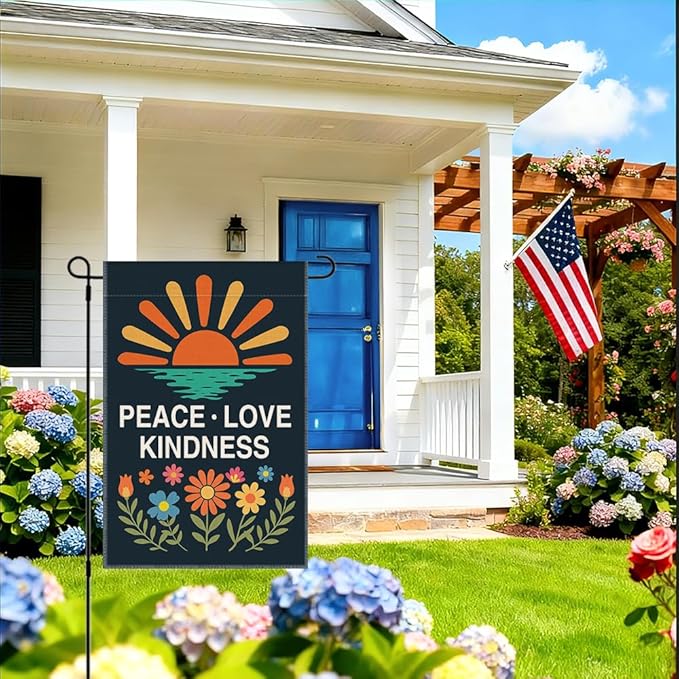 RZHV Peace Love Kindness Double-Sided Garden Flag for Outdoor House Yard Sign Garden Decor Parade, Friendly Social Justice House Patio Outdoor Banner, Equality Inclusive Vertical Yard Sign Decor