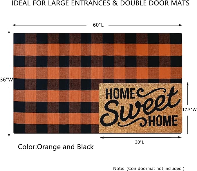 MUBIN Cotton Orange and Black Plaid Rug, 3 x 5 Ft Fall Outdoor Front Door Decorative Mat, Hand-Woven Rug for Layered Door Mats Washable Carpet for Porch, Entryway, Farmhouse, Autumn, Halloween