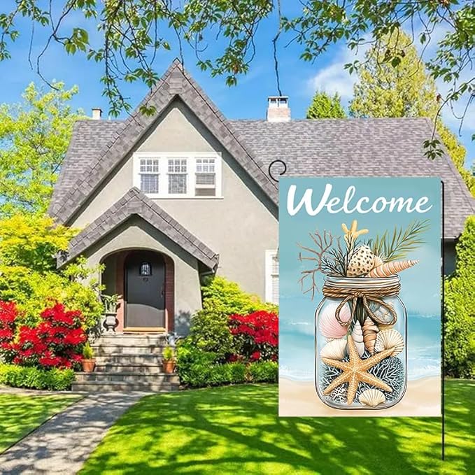 Summer Garden Flag 12x18 Double Sided, Burlap Seasonal Rustic Beach Shell Garden Flags Summer Outdoor Decorations, Small Decorative Yard Lawn Porch Flags for Outside Décor
