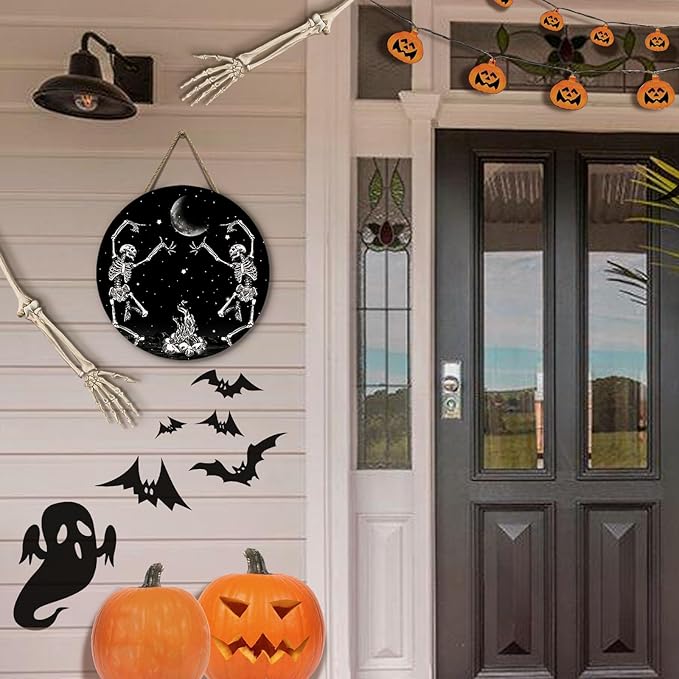 Skull Halloween Front Door Sign Dancing Skeleton Door Hanger Sacry Moon Night Holiday Decor for Porch Halloween Home Party Accessories