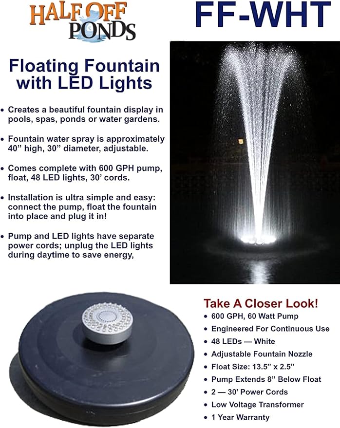 HALF OFF PONDS Small Floating Fountain – 600 GPH Pump for Pools, Ponds & Water Gardens – Adjustable 40" Spray – 48 White LED Lights, Float & 30' Cord