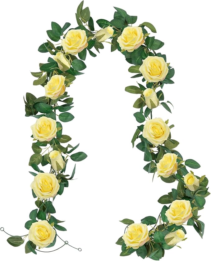 U'Artlines 5 Pack Artificial Yellow Rose Vines Floral Garlands Total 32.5 Ft Fake Vine Silk Flower Garland for Indoor Outdoor Home Wedding Arch Garden Wall Decoration(Yellow,5pcs)