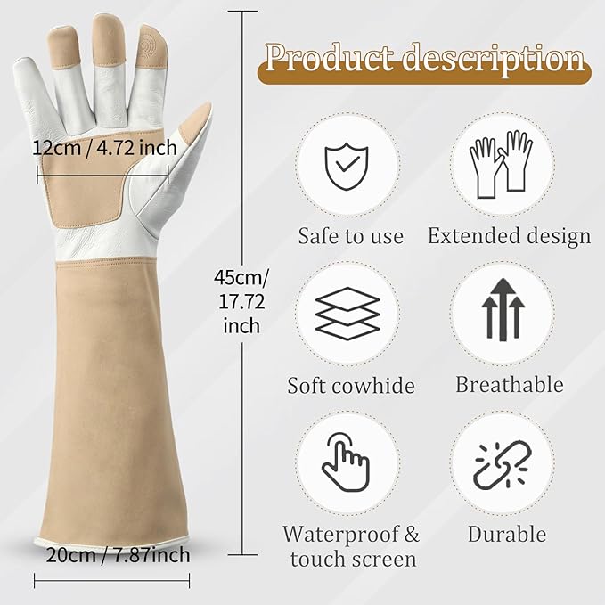 Gardening Gloves Men & Women Long Cowhide Leather Rose Pruning Gloves Breathable & Durable Heavy Duty (L)