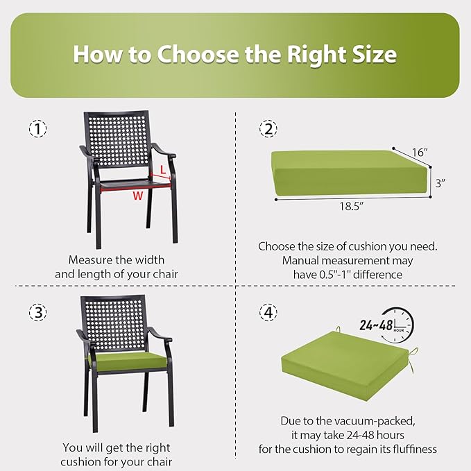 Outdoor Chair Cushions Set of 4, 18.5 x 16 Inch Patio Chair Cushions for Outdoor Furniture, Water Resistant, Non-Slip Ties (Grass Green)