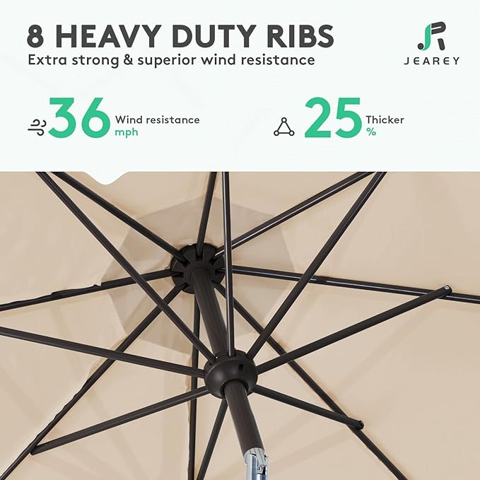 JEAREY 10FT Outdoor Patio Umbrella Outdoor Table Umbrella with Push Button Tilt and Crank, Market Umbrella 8 Sturdy Ribs UV Protection Waterproof for Pool, Garden (Cream Beige)