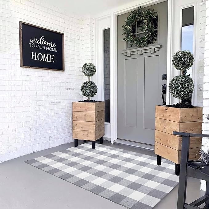 MUBIN Cotton Buffalo Plaid Rug, 3'x5' Grey and White Outdoor Rug Front Door Decorative Mat, Hand-Woven Foldable Rug for Layered Door Mats Washable Carpet for Front Porch, Entryway, Farmhouse