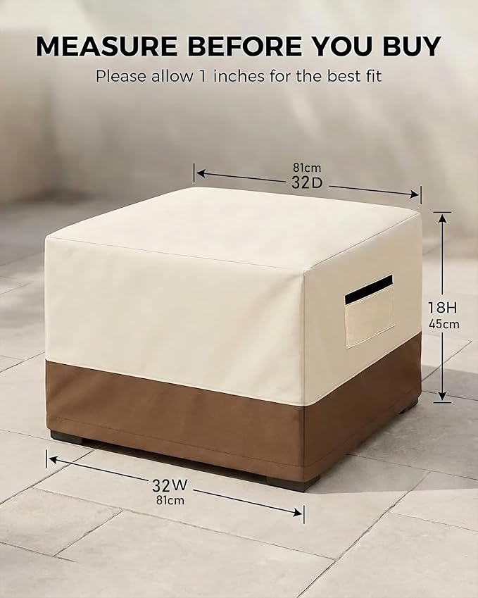 Waterproof Patio Ottoman Cover, Square Outdoor Side Table Furniture Cover with Padded Handles, 600D Heavy Duty Windproof All-Weather Patio Furniture Cover,UV Resistant, 32 x 32 x 18 Inch, Beige&Brown