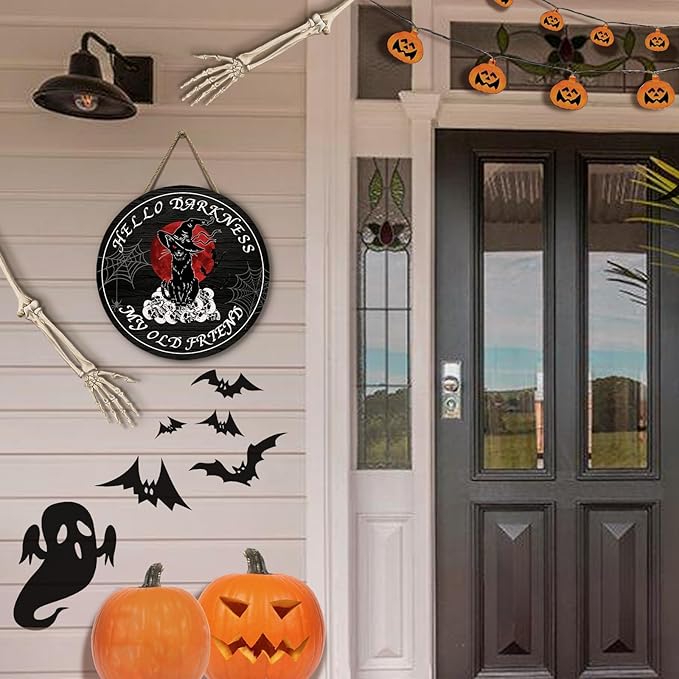 Halloween Black Cat Front Door Signs Hello Darkness My Old Friend Wooden Door Sign Skull Spiderweb Bat Wall Hangers Halloween Door Hanging Decorations for Home Door Porch