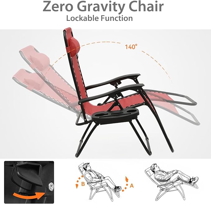 Zero Gravity Chairs, Portable Folding Reclining Lounge Chairs with Adjustable Pillow and Cup Holder Trays for Outdoor, Patio, Beach, Camping, Garden, Poolside, Wine Red