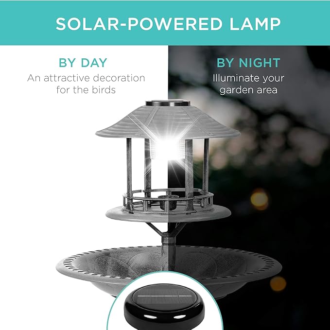 Best Choice Products Solar Outdoor Bird Bath Vintage Resin Pedestal Fountain Decoration for Yard, Garden w/Planter Base, Feeder, Decorative Bird Cage, Fillable Stand - Stone