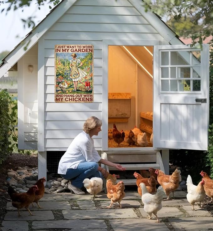 Chicken Gifts Funny Garden Decor Sign Vintage Farmhouse Chicken Decor for Chicken Coop Greenhouse Accessories Cool Gardening Wall Decor for Women Chicken Lovers Outdoor House Garden Signs 8"x12