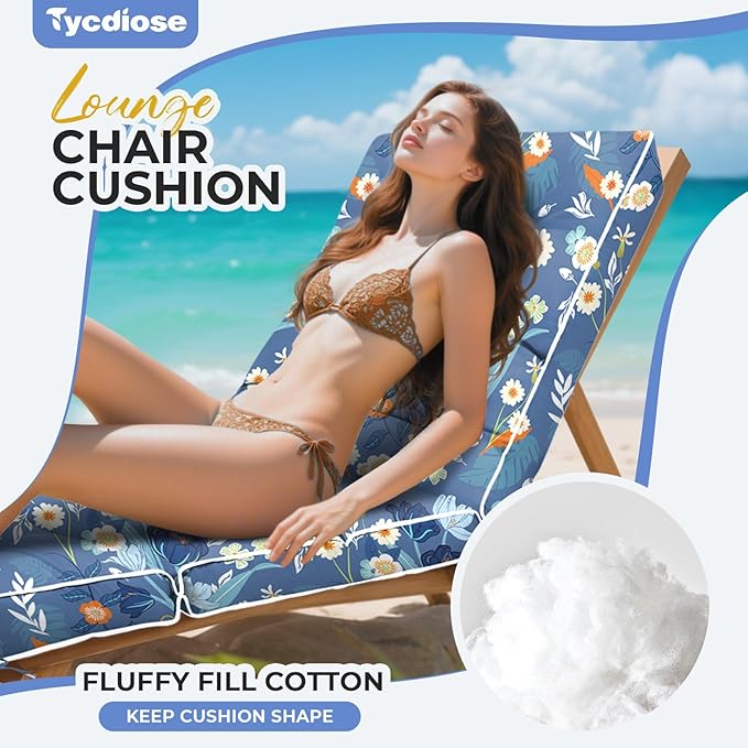 Outdoor Chaise Lounge Chair Cushion, Waterproof Non-Slip Patio Chaise Lounge Cushions for Outdoor Furniture, Thickened Patio Pool Lounger Chair Cushion, 76.4 x 22.8 x 4.7 Inches, Blue Floral