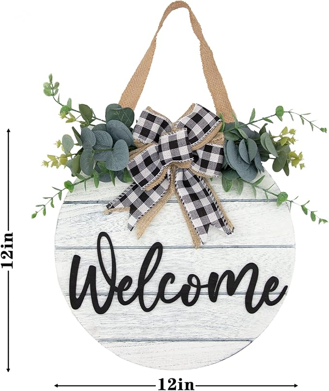 3D Welcome Wreaths for Front Door | White Horizontal Concave Stripes Wooden Farmhouse Welcome Sign for Home Wall Decor