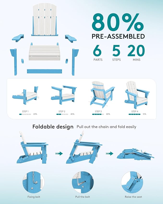 SERWALL Kids Adirondack Chair, HDPE Adirondack Chair for Children,All-Weather Resistant for Patio, Garden, Backyard - White and Light Blue