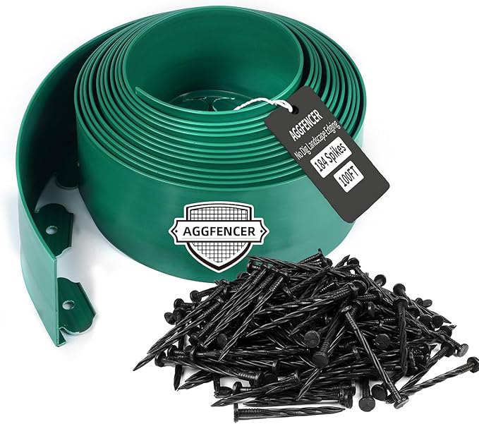4 in x 100 Ft Garden Landscape Edging, No Dig Garden Edging Border Kit with 184 Pcs Spikes for Flower Bed Lawn Yard Grass Green