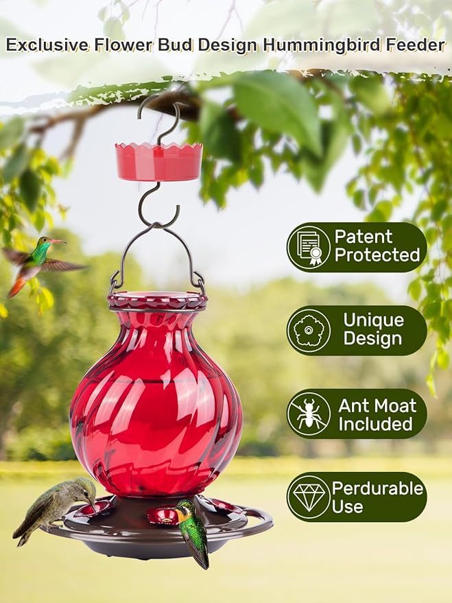 Hummingbird Feeder, Auslar 26 Ounces Glass Hummingbird Feeders for Outdoors Hanging Ant and Bee Proof, Ant Moat & 5 Flower Feeding Ports, Rustproof, Leakproof, Netted Flower Bud Shape Bottle, Red