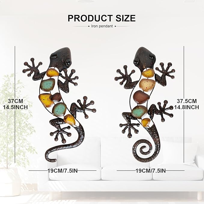 LIFFY Metal Gecko Wall Decor Large 2 Pack, Outdoor Lizard Wall Art, Metal Lizards Wall Decor, Gecko Wall Art for Home Garden Yard Fence(15inch)