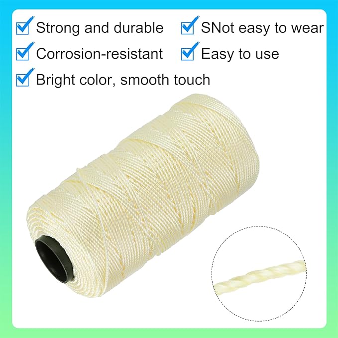 MECCANIXITY Nylon String 3 Strands Twisted Mason Line 1.5mm x 218 Yards Nylon Twine String for DIY Projects, Home Improvement, Gardening, Gift Wrapping, Christmas Party Supplies, Creamy Yellow
