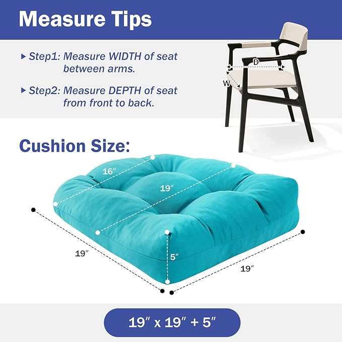 Outdoor Chair Cushions Set of 2, Patio Chair Cushions with Ties, 19x19+5” Tufted Outdoor Seat Cushions, Waterproof Patio Furniture Cushions, Outdoor Dining Chair Pads, Teal