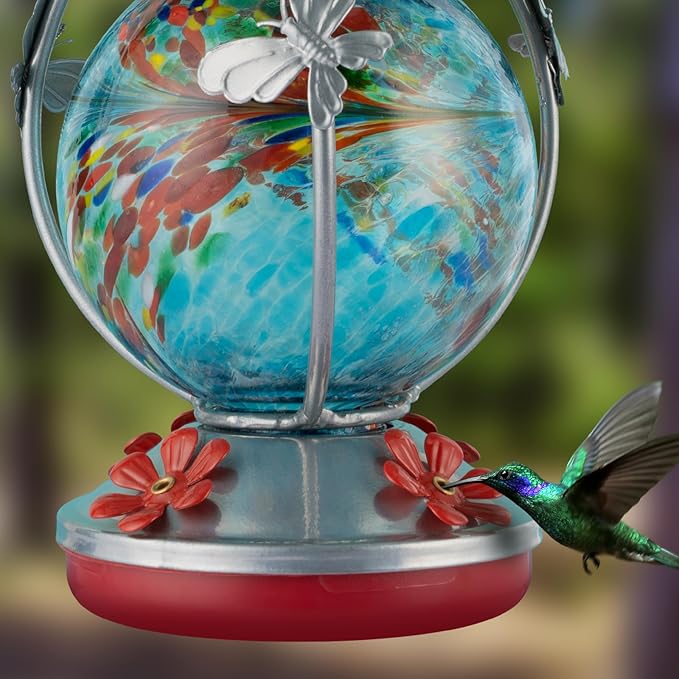 Backyard Expressions Glass Hummingbird Feeder - Blue - Hummingbird Feeders for Outdoors Hanging, Hand Blown Glass Hummingbird Feeder with Spiral Pattern