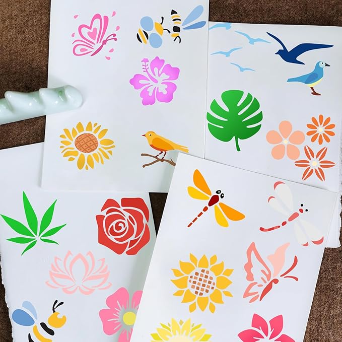 20 PCS 6 Inch Flower Painting Stencils, Sunflower Bee Reusable Plastic Paint Templates, Rose Butterfly Birds Stencils Set for Painting on Wood Rock Canvas Fabric Glass Art Pottery DIY Craft Decor