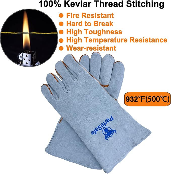 Welding Gloves 14 Inches, Heat Resistant 932℉ Leather Welding Gloves for MIG, TIG, Stick, Long Sleeve Grill Gloves for Welding, Fireplace, BBQ, Oven, Furnace, Wood Stove, Animal Handling