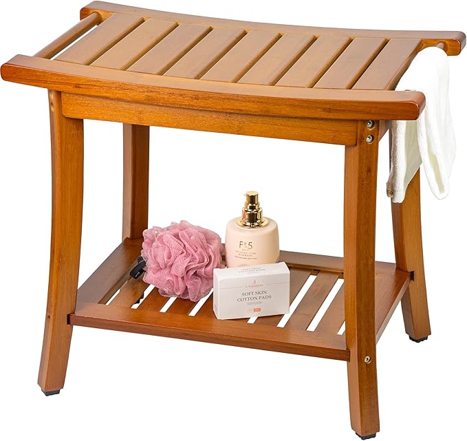 Utoplike Bamboo Shower Bench with Storage, Wood Shower Stool with Handles, Bathroom Seat for Towels, Spa, Inside Shower, Brown Finish