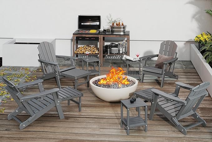 GREENVINES Adjustable Adirondack Chair with Retractable Ottoman Set of 2 | Folding | HDPE Plastic | Fire Pit Chairs w/Foot Rest | 2 Cup Holders | Grey | for Outdoor Patio Poolside Deck