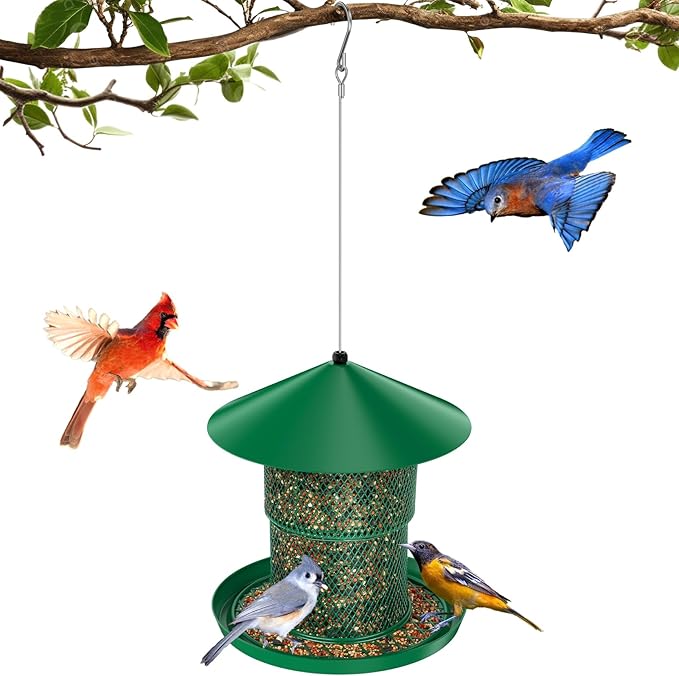 Bird Feeder for Outdoor Hanging, No Mess No Spill Birdfeeder for Outdoor, Squirrel Proof Bird Feeder w/Catch Tray - Large Capacity All-Metal for Outside Hanging to Attracting Birds, Green