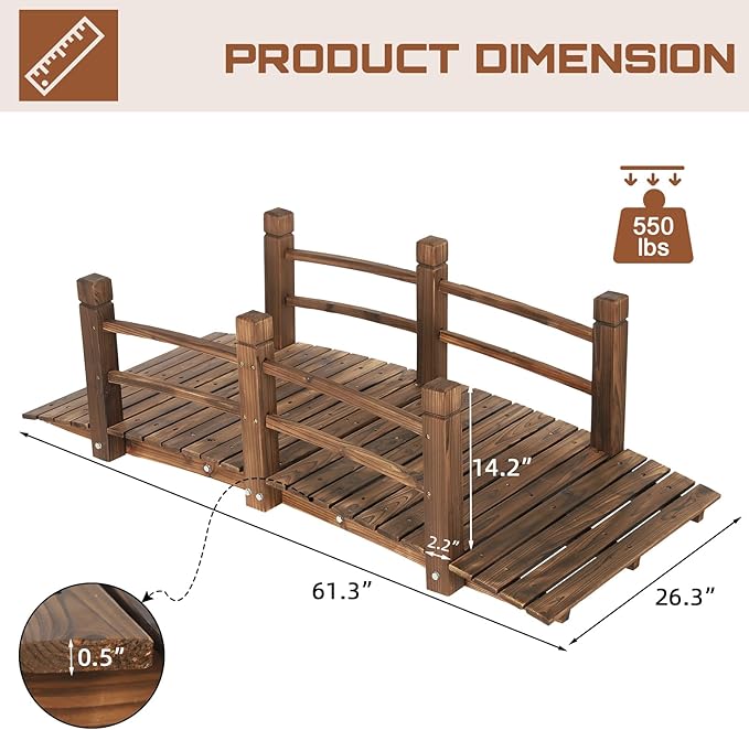 HOMEDIARY 5 FT Fir Wood Garden Bridge, Outdoor Stained Wood Arc Footbridge Walkway with Double Safety Railings, 550 lbs Capacity,Decorative Pond Bridge for Backyard Farm Garden Creek Pond Decor, Brown