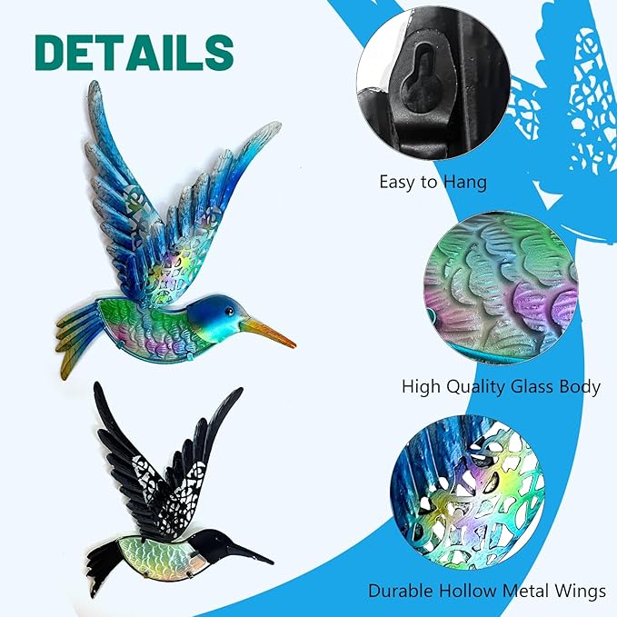 HONGLAND Metal Hummingbird Wall Art 12inch Metal Birds Wall Sculpture Garden Decoration Outdoor Statue Patio Fence Hanging Plaques 2 Pack（Blue-Green）