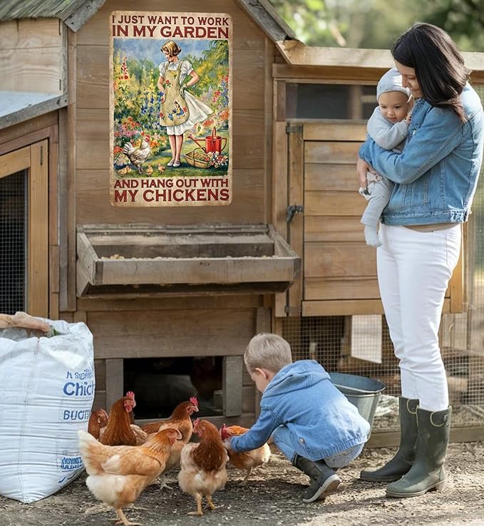 Chicken Gifts Funny Garden Decor Sign Vintage Farmhouse Chicken Decor for Chicken Coop Greenhouse Accessories Cool Gardening Wall Decor for Women Chicken Lovers Outdoor House Garden Signs 8"x12