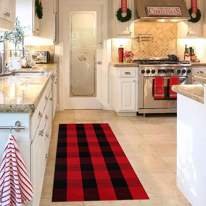Christmas Door Mat Outdoor 24"x51"Buffalo Plaid Christmas Decor Rug Cotton Hand-Woven Layered Door Mats Washable Carpet for Front Porch, Kitchen, Farmhouse, Entryway