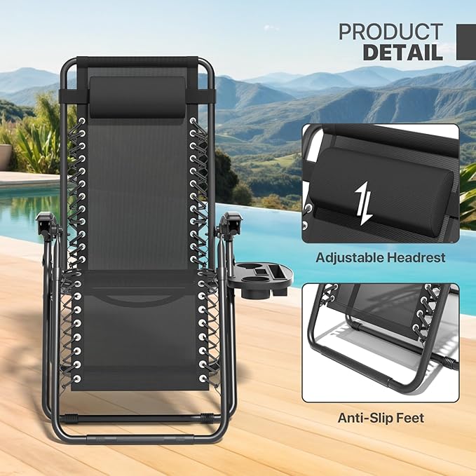 Magshion Zero Gravity Lounge Chair, Adjustable Folding Recliner with Cup Holder Side Tray & Removable Headrest Pillow, Portable Outdoor Patio Lounger for Camping, Beach, Lawn, Backyard, Black