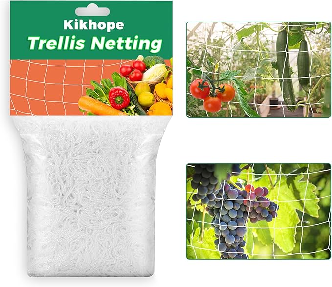 Kikhope Trellis Netting, 5 x 15 ft Heavy-Duty Polyester Plant Trellis Netting Mesh, Square Mesh Net for Climbing Plant, Fruits, Vegetables, Vines, Grow Tents, White(1 Pack)