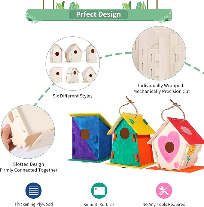 ILHSTY 18 Pack Large Paintable DIY Wooden Bird Houses Kits for Kids, Kids Crafts Wood Houses for Crafts Class Parties Birthday, DIY Crafts and Art Birdhouse Kits for Children to Build and Design（18）