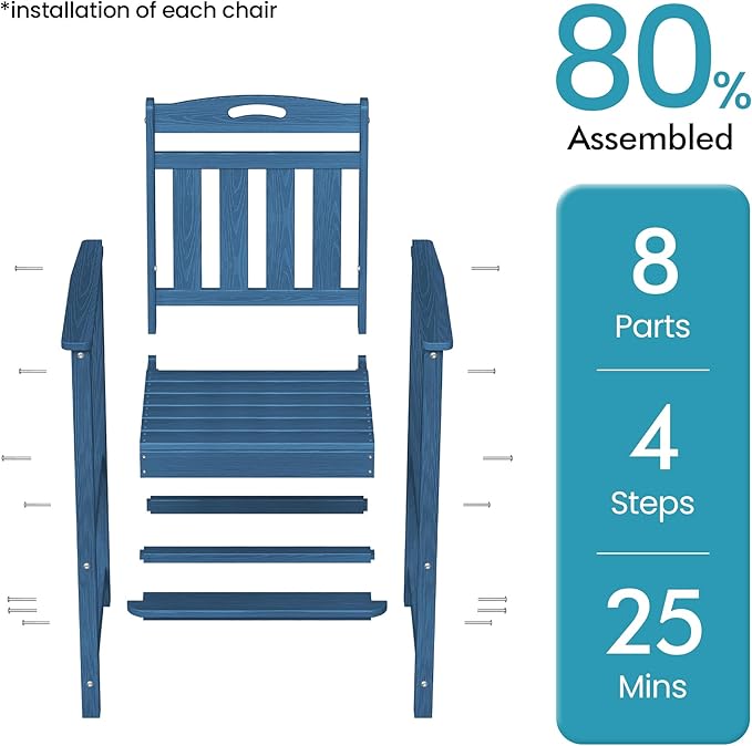 Ciokea Set of 2 Outdoor Tall Bar Chairs, 27" Bar Height Patio Stools with Arms & High Back, Heavy Duty All-Weather Adirondack Tall Chairs for Balcony, Poolside, Deck and Garden, Navy Blue