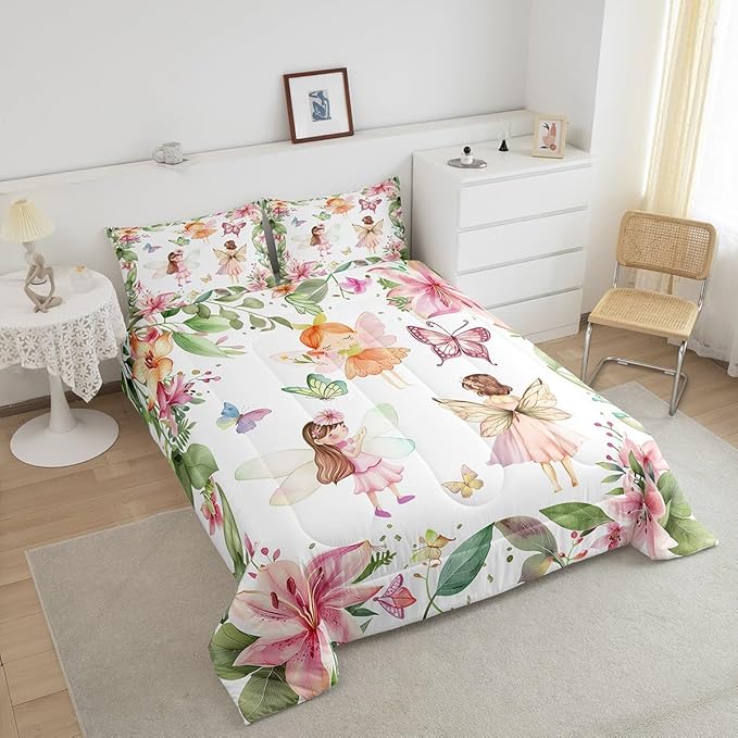 Erosebridal Fairy Garden Twin Bedding Set,Pink Floral Butterfly Comforter Set for Girls Kids,Dreamy Flower Girly Comforter,Coquette Flowers Bedroom Room Decor,1 Pillowcase Breathable