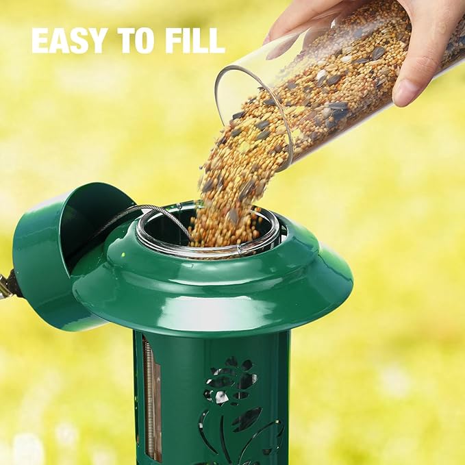 Veehoo Squirrel Proof Bird Feeders for Outdoors, Hanging Wild Bird Feeder Anti Squirrel with Weight-Activated Perches, Metal Cardinal Finch Feeder Outside Decorative for Thistle and Mixed Seed, Green